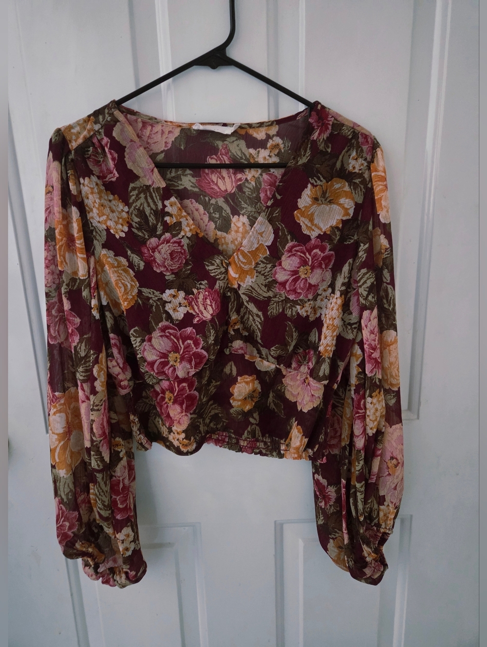 Lush Burgundy Floral V-Neck Long Sleeve Blouse with Pink and Mustard  Large